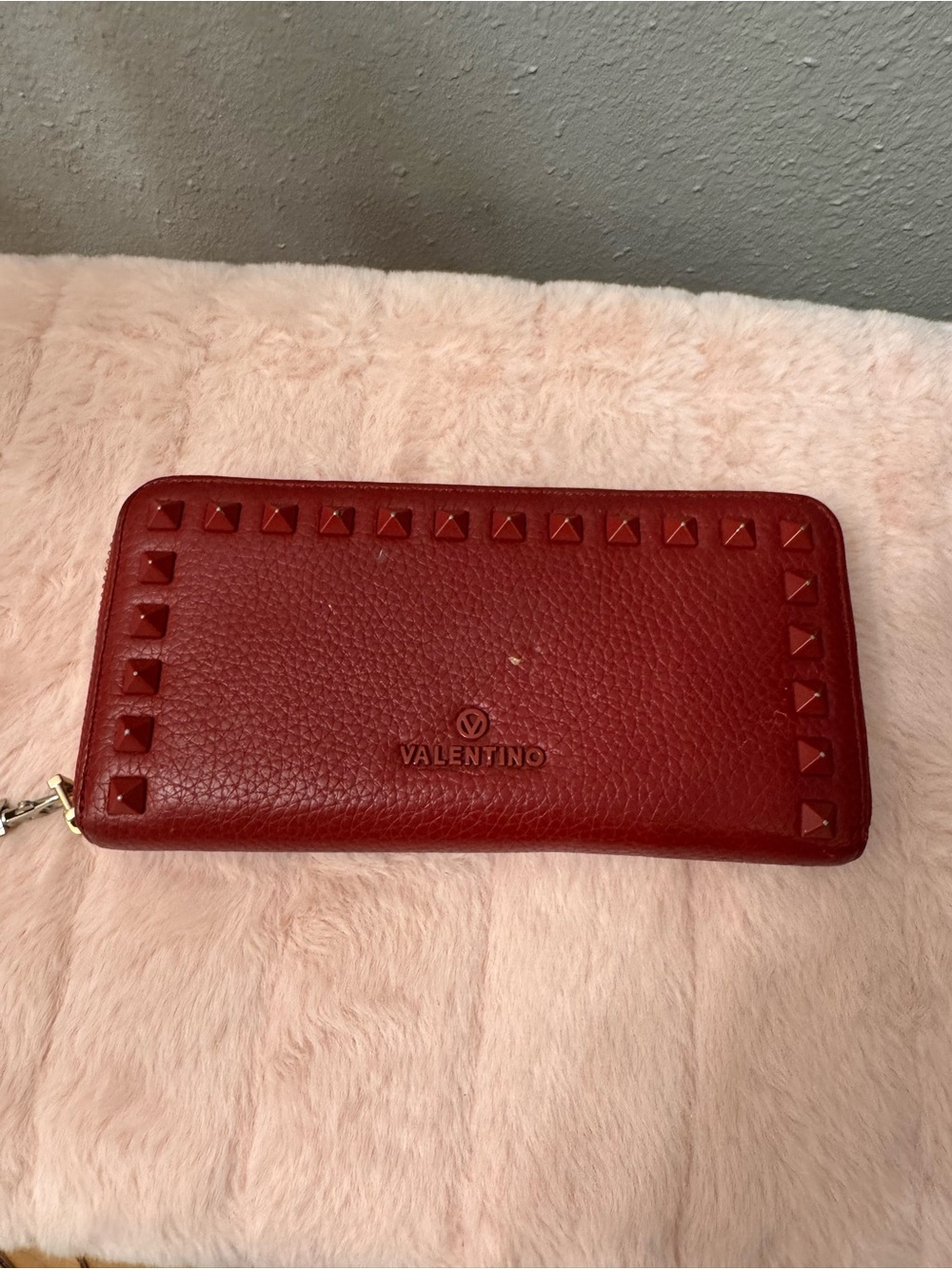 Valentino Red Pyramid Stud Leather Zip Wallet